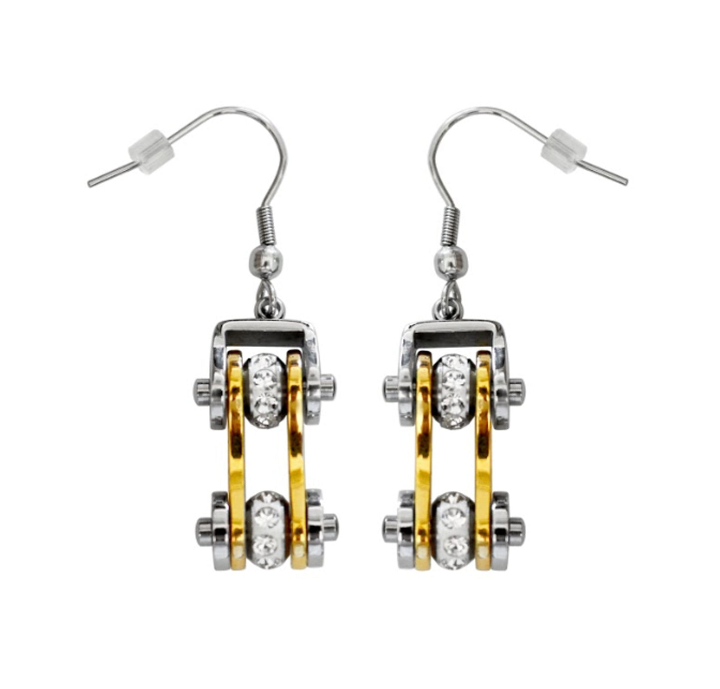 Sk1096E Two Tone Silver Gold With Crystal Centers Bike Chain Earrings Stainless Steel Motorcycle