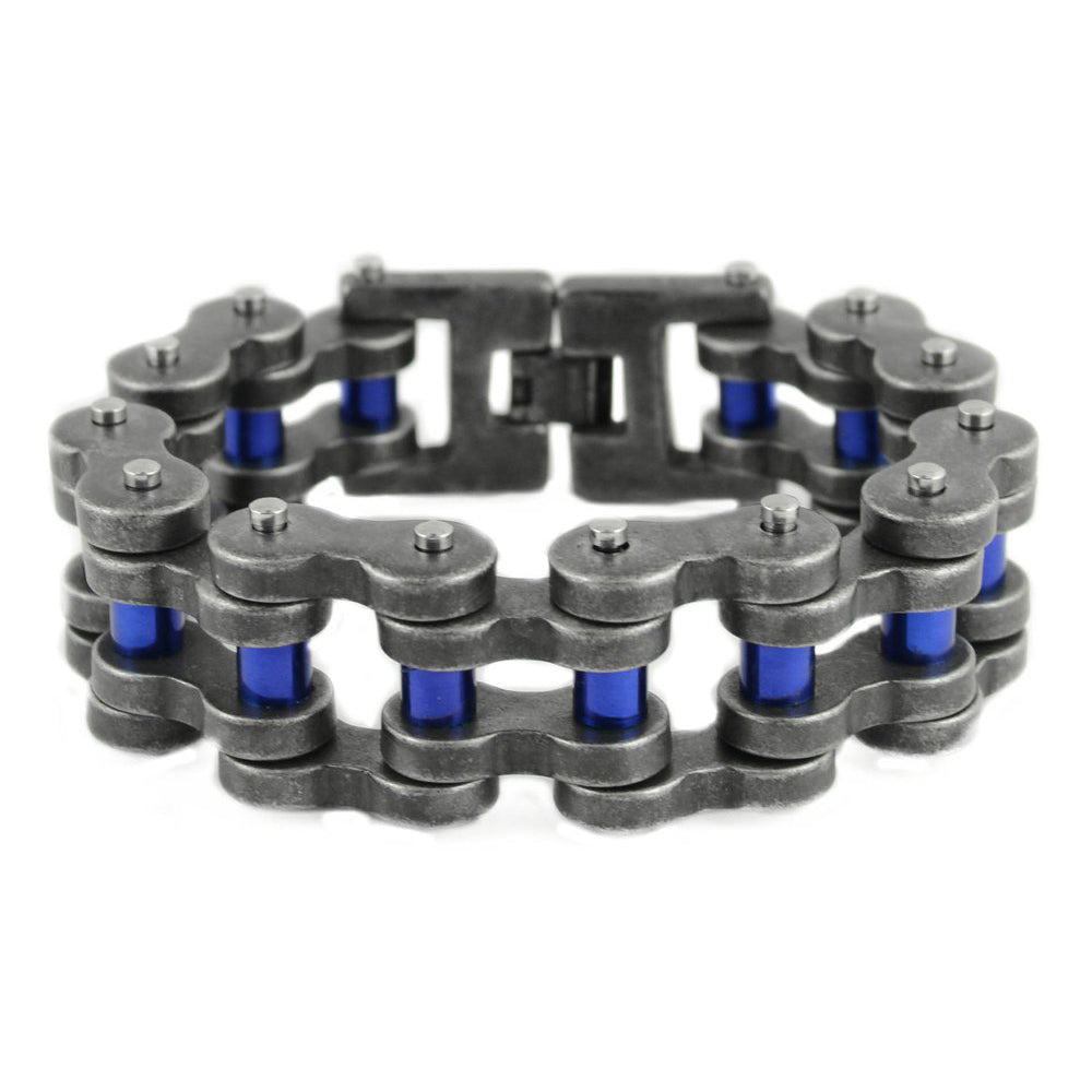 Sk1839 Distressed Antique Finish 1’’ Wide With Candy Blue Rollers Thick Link Men’s Stainless