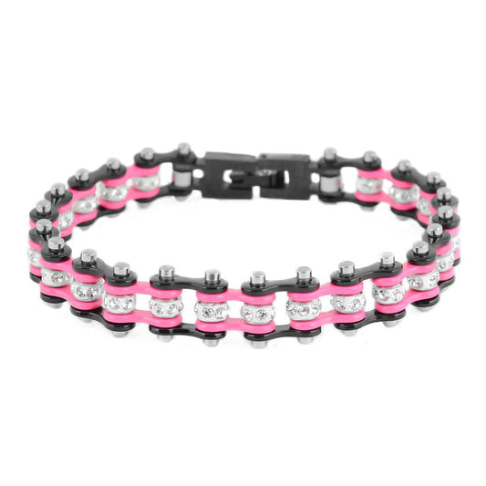 Sk2097 3/8’ Wide Mini Size Two Tone Black Pink With White Crystal Centers Stainless Steel