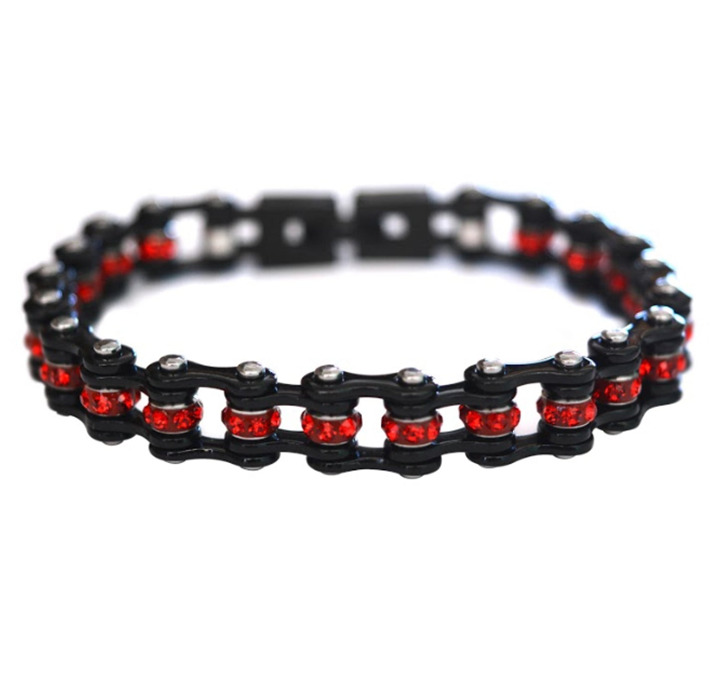 Sk2007 3/8’ Wide Mini Size All Black With Red Crystal Centers Stainless Steel Motorcycle Bike