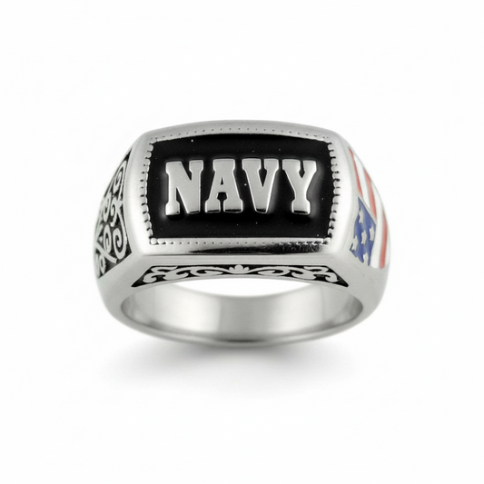 SK1835 Ladies Or Men's Navy Ring Enameled American Flag Stainless Steel Military Jewelry