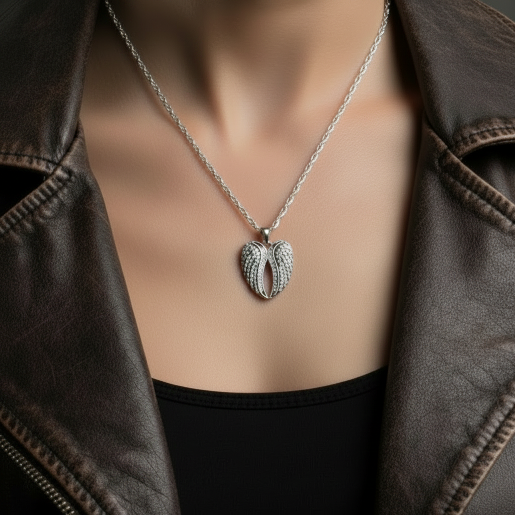 women's stainless steel motorcycle jewelry heart wings pendant with clear crystal