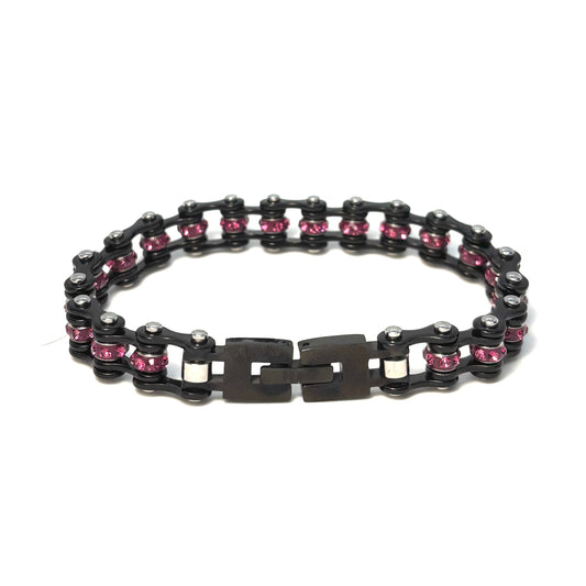 SK2804 3/8’’ MINI MINI Black Fuschia Crystals - Stainless Steel Motorcycle Bike Chain Bracelet Ladies Bracelets