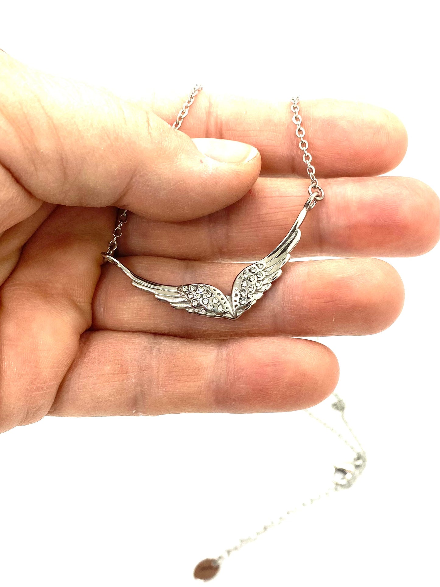 SK2700 Ladies Double Angel Wing Crystal Stainless Steel Necklace Necklaces