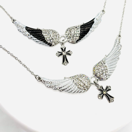 SK2323 Small Black Painted Winged Necklace With Cross White Imitation Crystals Necklaces
