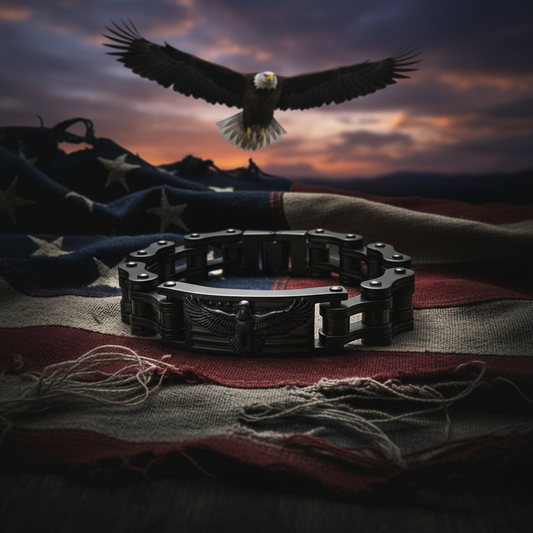 Men’s Eagle Badge Bracelet – Gunmetal 3/4" Stainless Steel Motorcycle Biker Bracelet