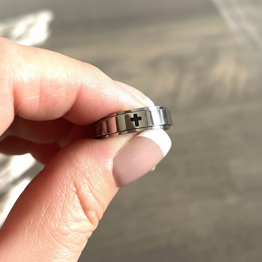Ladies Stainless Steel Cross Spinner Ring – Faith Fidget Ring