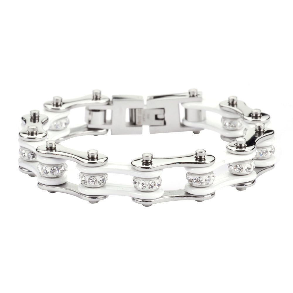 Sk1100 1/2’’ Wide Two Tone Silver White With Crystal Centers Stainless Steel Motorcycle Bike