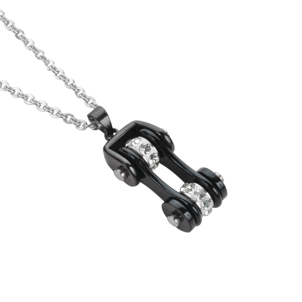 Sk1117N Ladies Bike Chain All Black Crystal Bling Necklace 19’’ Stainless Steel Motorcycle