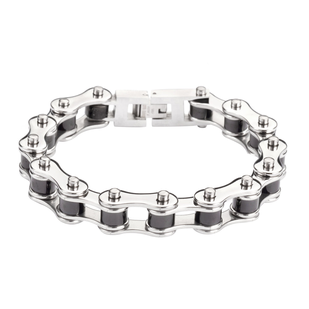 Sk1122 1/2’’ Wide Two Tone Silver Black Rollers Stainless Steel Motorcycle Bike Chain Bracelet