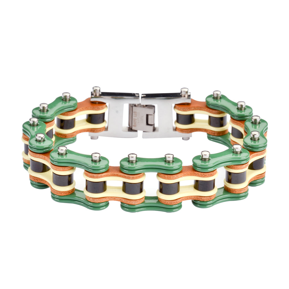 Sk1320 3/4’’ Wide Tri Color Green Yellow Black Leather Men’s Stainless Steel Motorcycle Chain