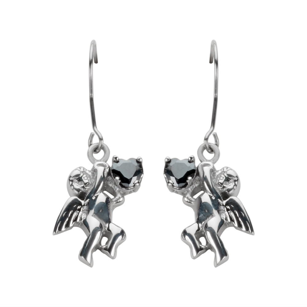 Sk1472 Cherub Angel Earrings Black Heart Shape Stones French Wire Stainless Steel Motorcycle Biker