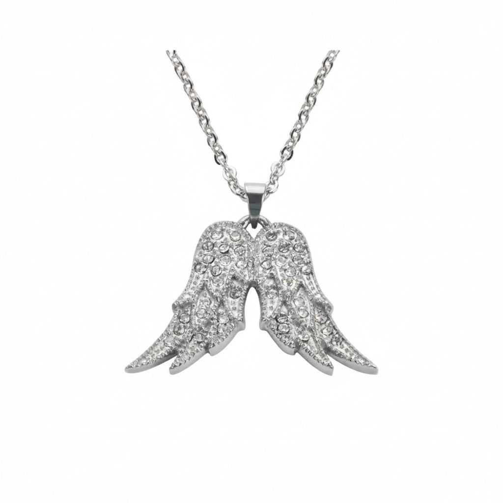 Sk1502 Ladies Crystal Fixed Double Angel Wing Necklace 19 1 1/4 Wide Stainless Steel Motorcycle