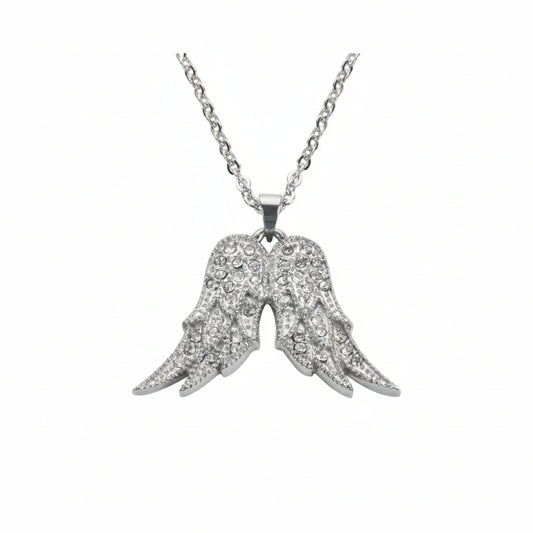 Sk1502 Ladies Crystal Fixed Double Angel Wing Necklace 19 1 1/4 Wide Stainless Steel Motorcycle