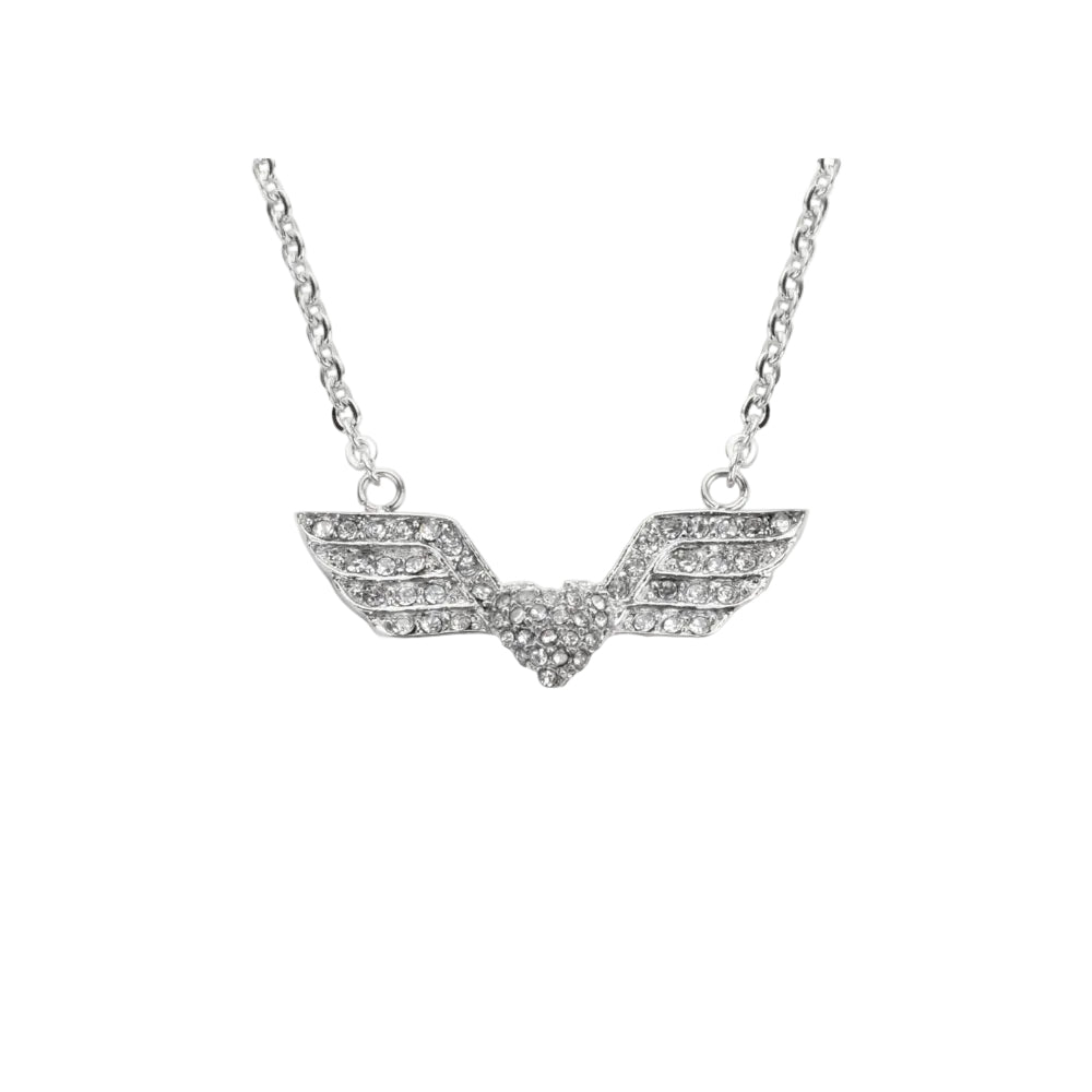 Sk1505 Ladies Double Angel Wing Heart Crystal Necklace 19 3/16 Wide Stainless Steel Motorcycle