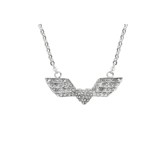 Sk1505 Ladies Double Angel Wing Heart Crystal Necklace 19 3/16 Wide Stainless Steel Motorcycle