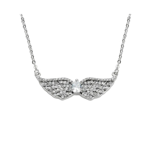 Sk1507 Ladies Double Angel Wing Crystal Pear Shaped Center Stone Necklace 19 1 1/2 Wide Stainless