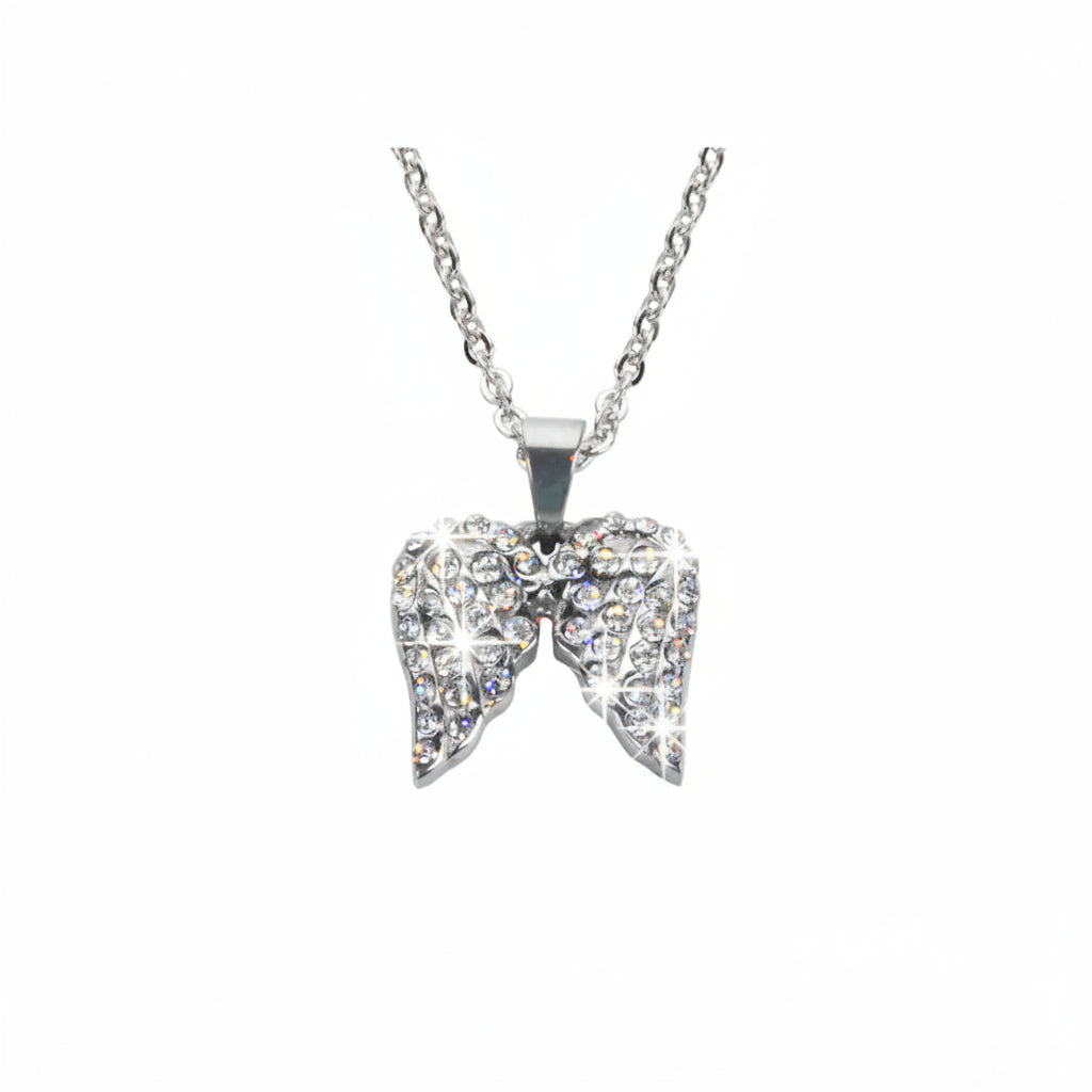 Sk1508 Ladies Double Angel Wing Crystal Necklace 19 9/16 Wide Stainless Steel Motorcycle Jewelry