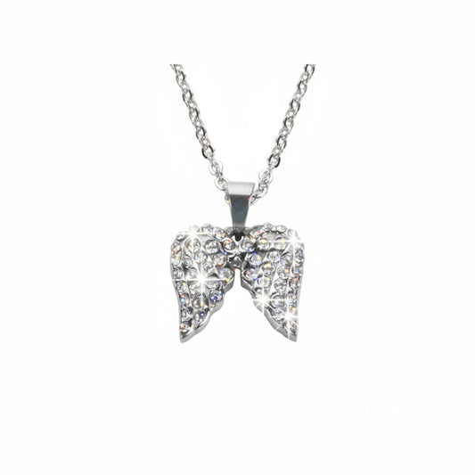 Sk1508 Ladies Double Angel Wing Crystal Necklace 19 9/16 Wide Stainless Steel Motorcycle Jewelry