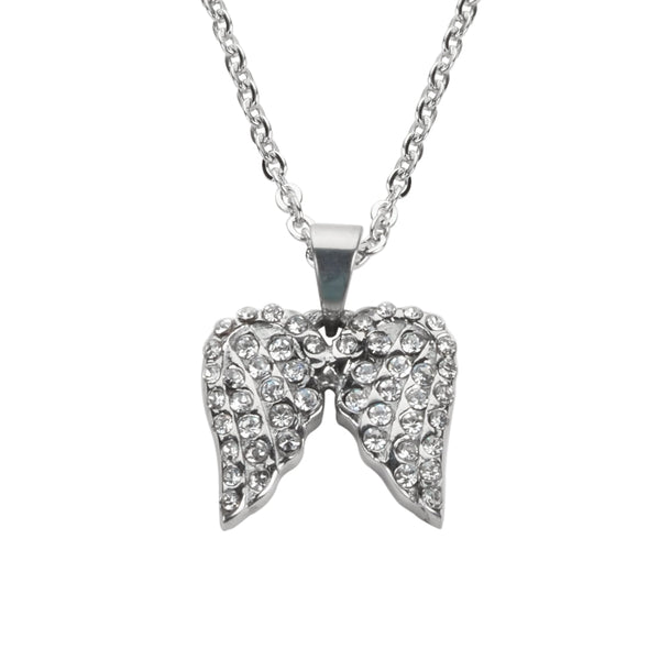 Sk1508 Ladies Double Angel Wing Crystal Necklace 19 9/16 Wide Stainless Steel Motorcycle Jewelry