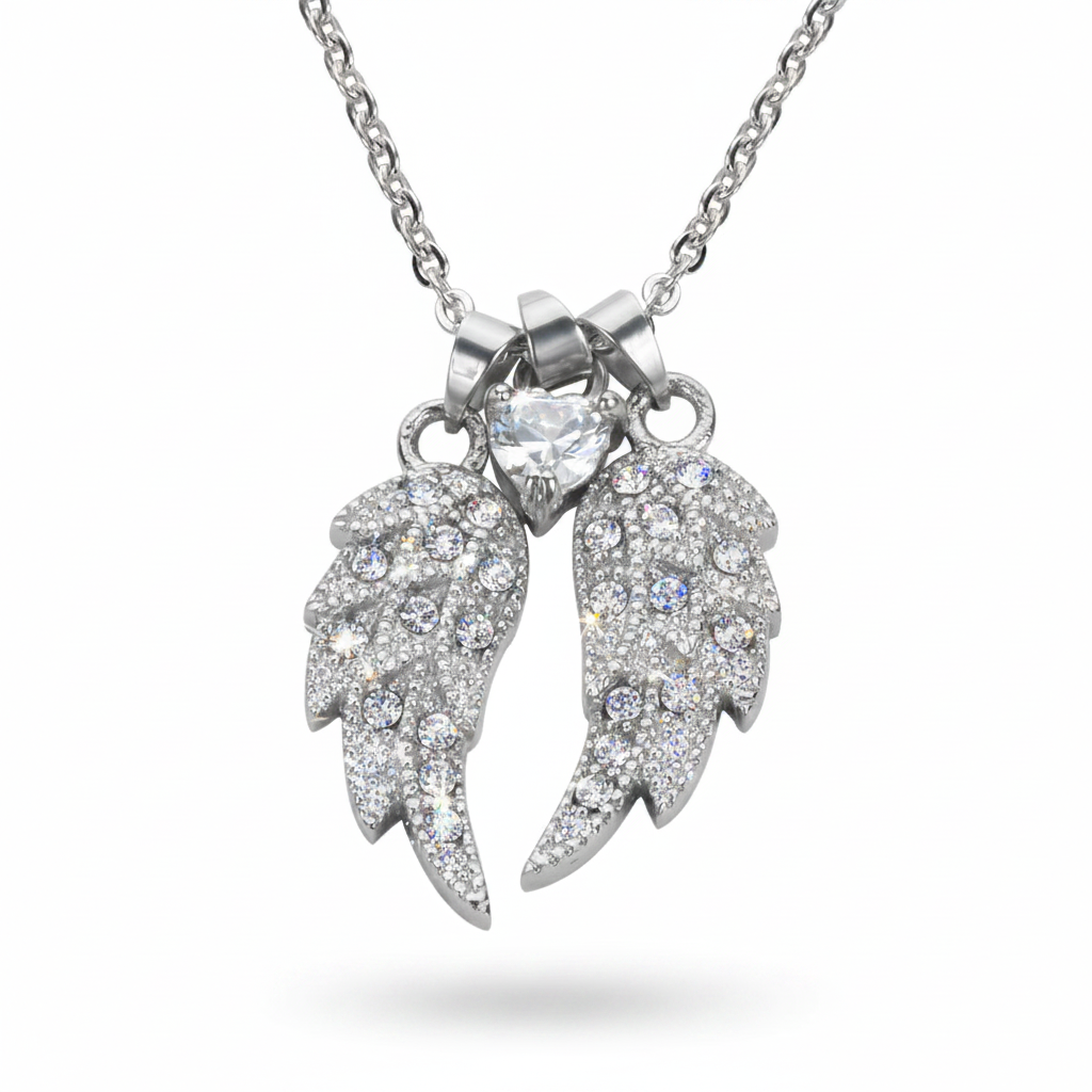 SK1509 Ladies Double Angel Wing Crystal Heart Shaped Center Stone Necklace 19" 1 1/2" Wide Stainless Steel Motorcycle Jewelry
