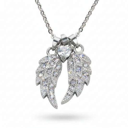 SK1509 Ladies Double Angel Wing Crystal Heart Shaped Center Stone Necklace 19" 1 1/2" Wide Stainless Steel Motorcycle Jewelry