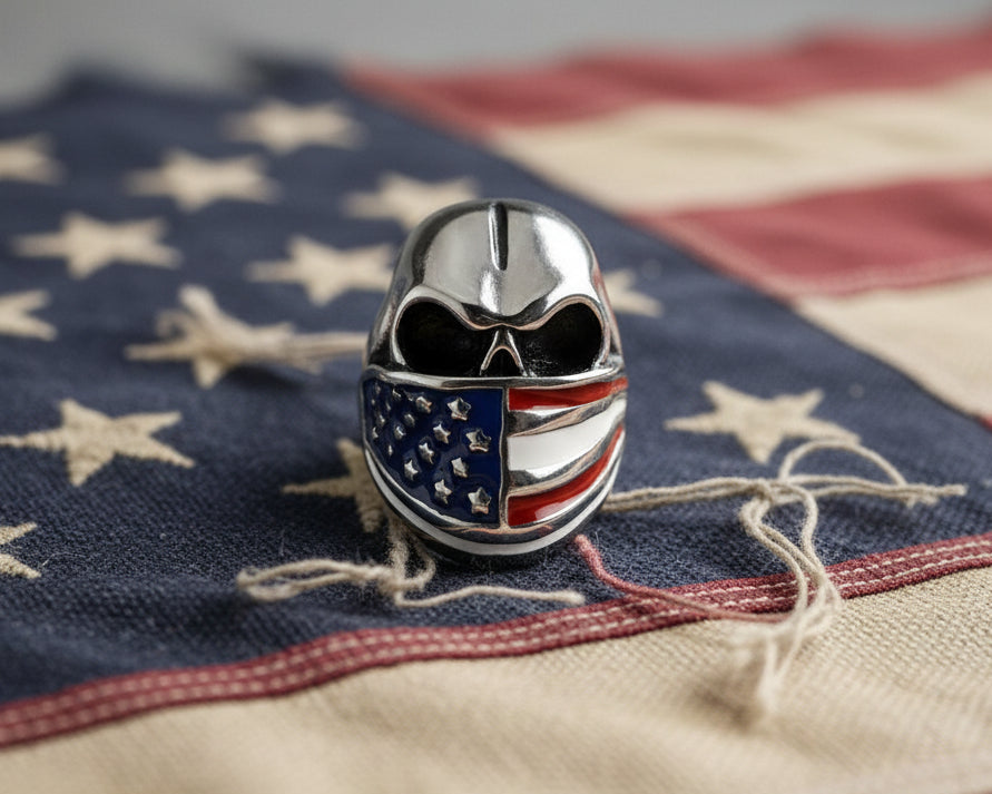 Sk2298 Ring Skull American Flag Bandanna Solid Underside Stainless Steel 8-16 Rings