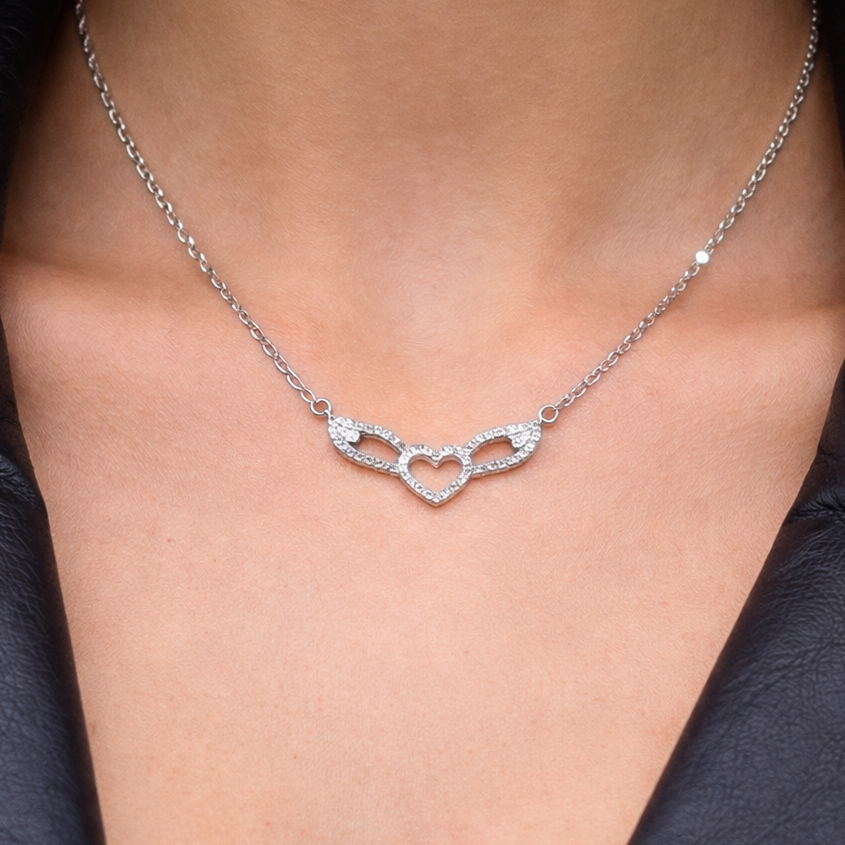 Women’s Double Angel Wing Necklace with Crystal Heart – Motorcycle Jewelry