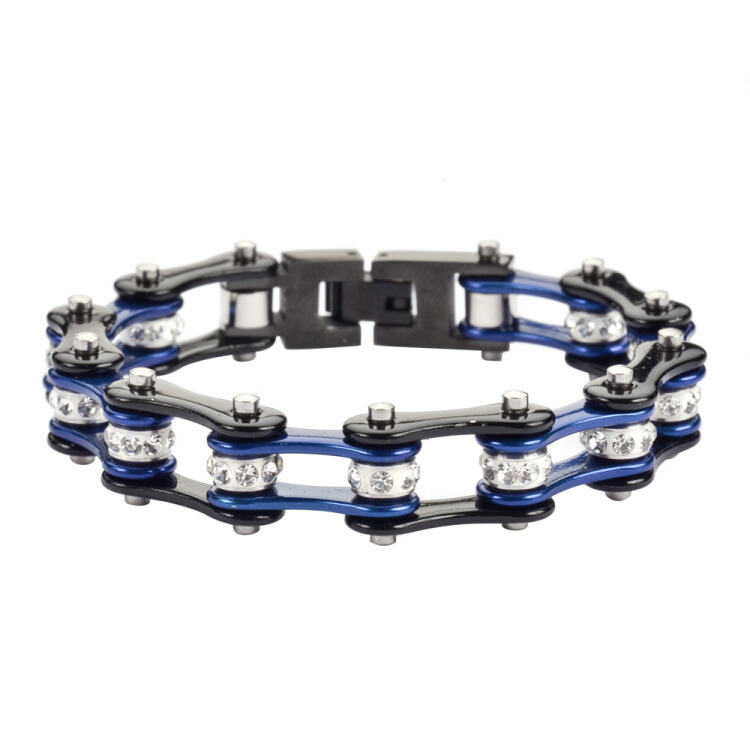 SK1107 Wide Two Tone Black Candy Blue White Crystal Centers