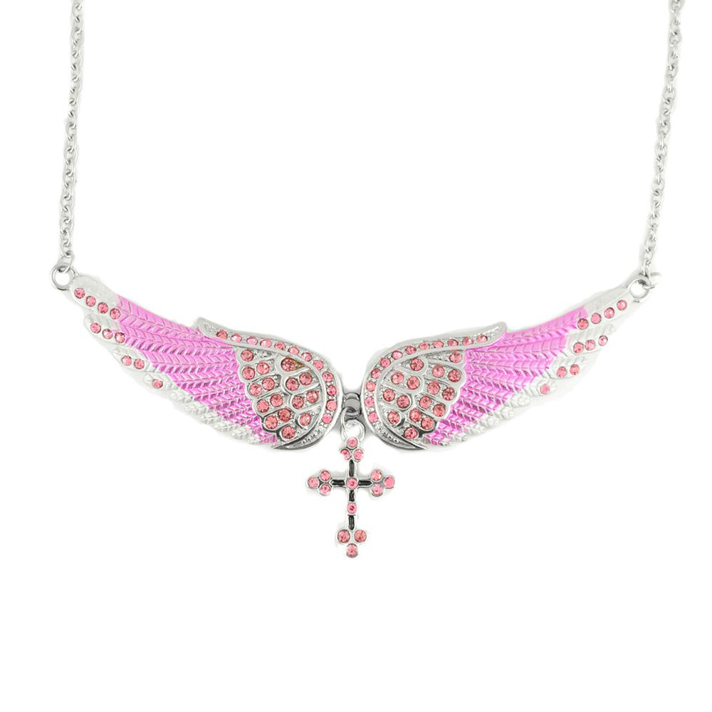 Sk2245 Large Pink Painted Winged Necklace With Cross Imitation Crystals Necklaces