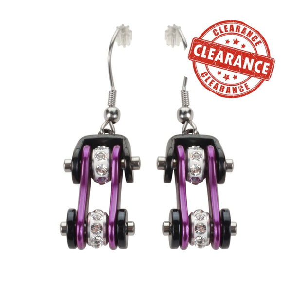 Sk1109E Two Tone Black Candy Purple Crystal Centers Bike Chain Earrings Stainless Steel Motorcycle