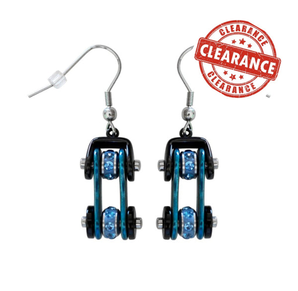 Sk1202E Two Tone Black Blue With Crystal Centers Bike Chain Earrings Stainless Steel Motorcycle