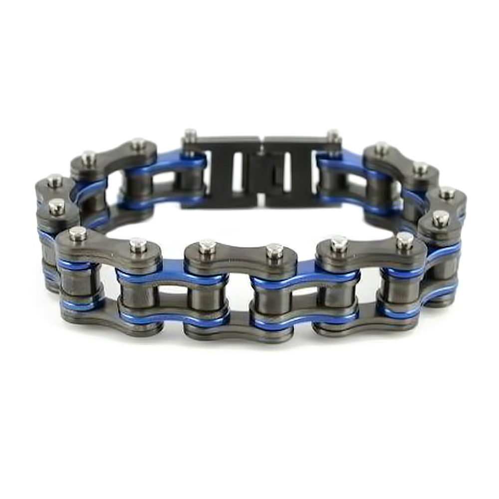 Sk2255 New 3/4’ Wide Gunmetal Finish With Candy Blue Men’s Bike Chain Bracelets