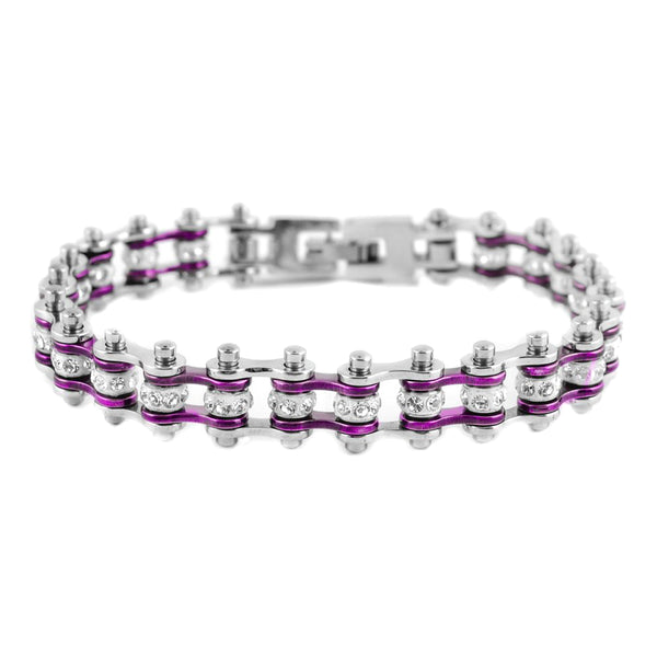 SK2003 3/8" Wide MINI MINI SIZE Two Tone Silver Candy Purple With White Crystal Centers Stainless Steel Motorcycle Bike Chain Bracelet