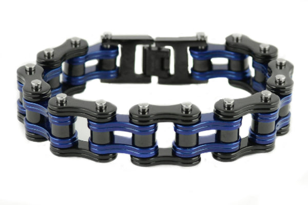 SK1830 Black Blue 3/4" Wide Double Link Design Unisex Stainless Steel Motorcycle Chain Bracelet