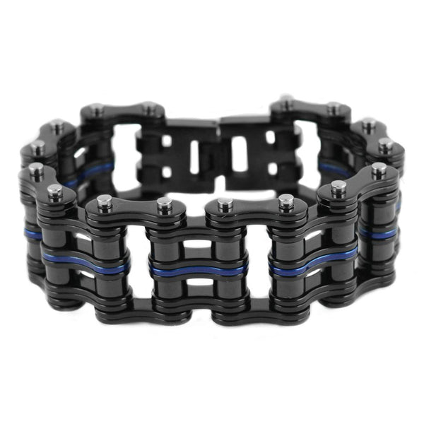 SK1828 1" Wide Black With One Candy Blue Link Unisex Stainless Steel Motorcycle Chain Bracelet