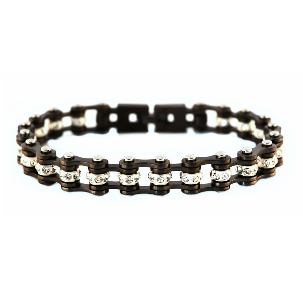 SK2020 3/8" Wide MINI MINI SIZE Gunmetal With White Crystal Centers Stainless Steel Motorcycle Bike Chain Bracelet