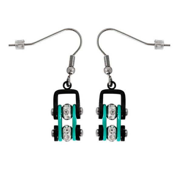 SK2023E MINI MINI SIZE EARRINGS Two Tone Black Aquamarine With White Crystal Centers Stainless Steel Motorcycle Bike Chain