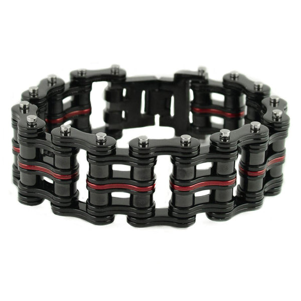 SK1825 Black Red Link 1" Wide Unisex Stainless Steel Motorcycle Chain Bracelet