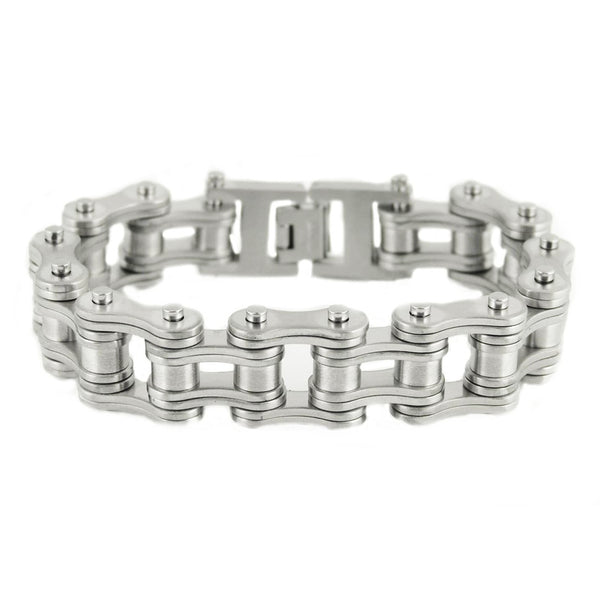 SK1832 All New BRUSHED Double Link 3/4" Wide Design Unisex Stainless Steel Motorcycle Chain Bracelet