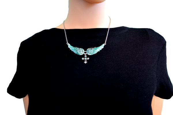 SK2322 Small Seafoam Green Painted Winged Necklace With Cross White Imitation Crystals