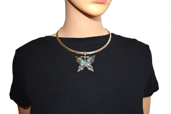SK2515 Abalone Wide Butterfly Pendant & Matching Earrings With Omega 19" Chain Stainless Steel