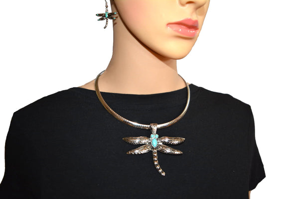 SK2530 Dragonfly Pendant 2.5" Tall & Matching Earrings Imitation Turquoise  With Omega 19" Chain Stainless Steel