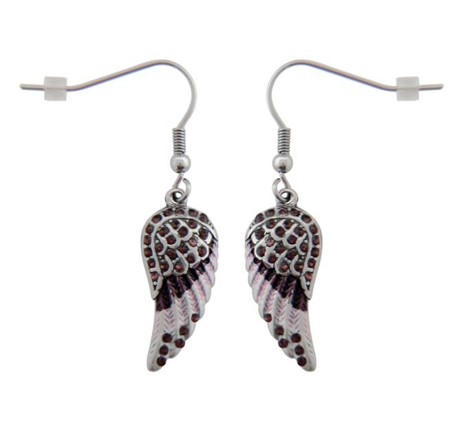 SK2539 Mini Purple Painted Winged French Wire Earring White Imitation Crystals