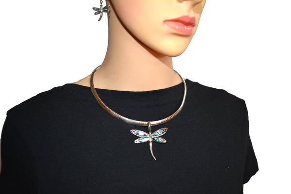 SK2540 Abalone Wide Dragonfly Pendant & Matching Earrings With Omega 19" Chain Stainless Steel