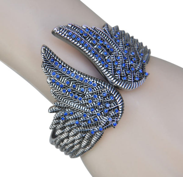 SK2554 Wings Heart Bangle Imitation Blue Diamonds Stainless Steel Heavy Metal Jewelry