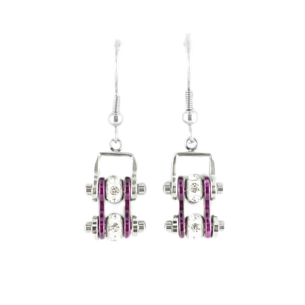 SK2003E  MINI Two Tone Silver Candy Purple With Crystal Centers Bike Chain Earrings Stainless Steel Motorcycle Biker Jewelry
