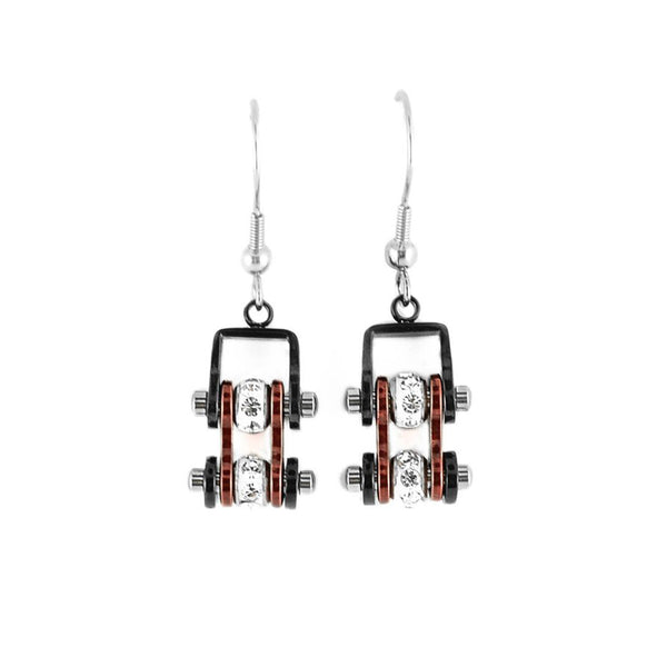 SK2006E  MINI Two Tone Black Candy Red With Crystal Centers Bike Chain Earrings Stainless Steel Motorcycle Biker Jewelry
