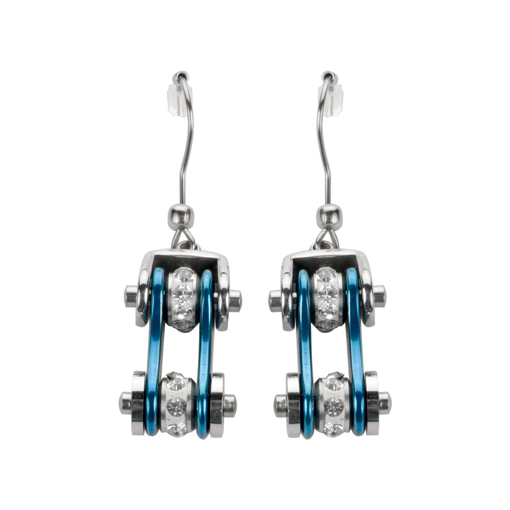 SK1115E Two Tone Silver Blue Crystal Centers Bike Chain Earrings Stainless Steel Motorcycle Biker Jewelry