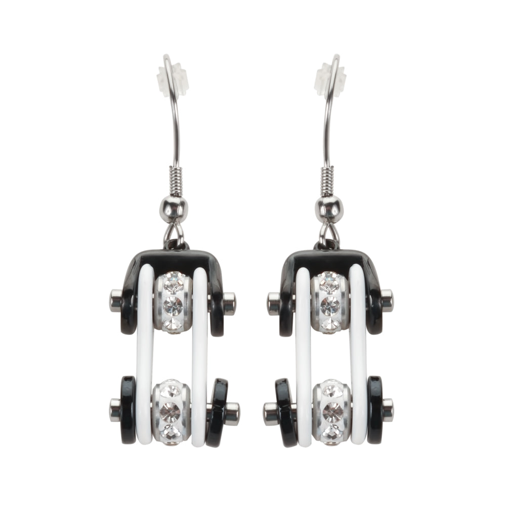 SK1198E Two Tone White Black Silver Crystal Centers Bike Chain Earrings Stainless Steel Motorcycle Biker Jewelry